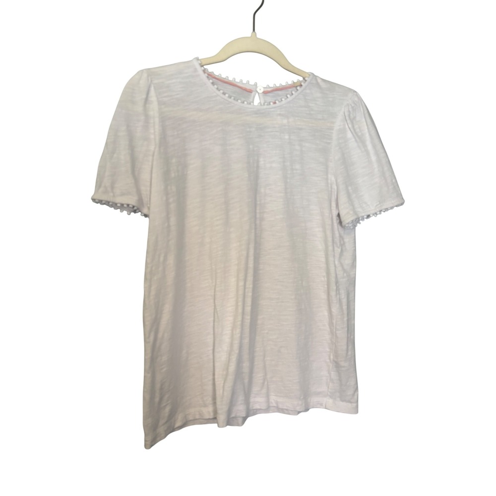 Boden White Slub Cotton Pom Pom Trim Tee Short Sleeve Keyhole Back Top US 8